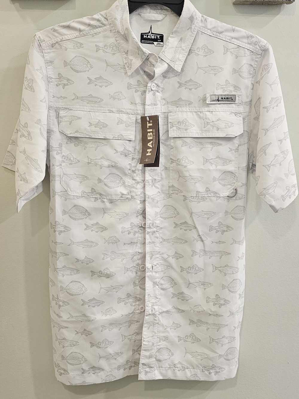 Men’s Short-Sleeve Fishing Print Shirt in White